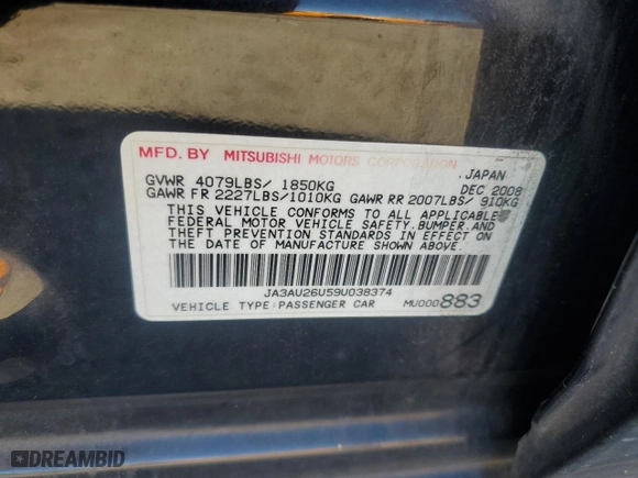 2009 Mitsubishi Lancer ES with VIN JA3AU26U59U038374, listed as a Copart auction lot 48855115 with 157718 miles and Clean Title. Bid and sale history available at carsss.com. Image 12.