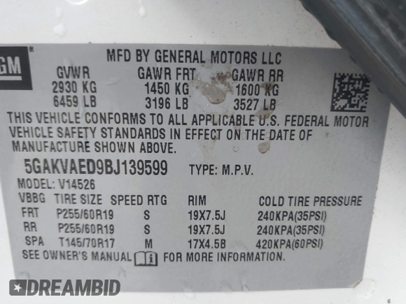 2011 Buick Enclave CX with VIN 5GAKVAED9BJ139599, listed as a IAAI auction lot 41486103 with 220,073 mi miles and . Bid and sale history available at DreamBid. Image 9.
