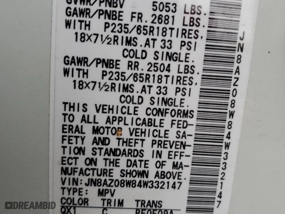 2004 Nissan Murano SL with VIN JN8AZ08W84W332147, listed as a Copart auction lot 88315065 with 158,519 mi miles and Salvage Title. Bid and sale history available at carsss.com. Image 15.