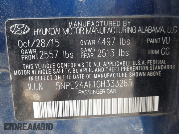 2016 Hyundai Sonata SE with VIN 5NPE24AF1GH333265, listed as a IAAI auction lot 42038162 with 109,346 mi miles and . Bid and sale history available at carsss.com. Image 9.
