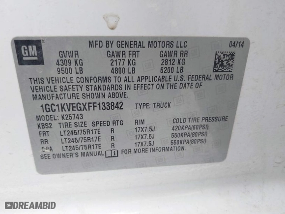 2015 Chevrolet Silverado 2500HD LT with VIN 1GC1KVEGXFF133842, listed as a IAAI auction lot 41572202 with 266,016 mi miles. Bid and sale history available at carsss.com. Image 9.