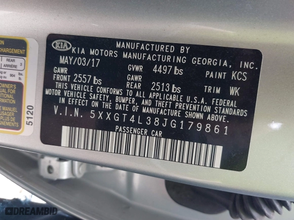 2018 Kia Optima LX with VIN 5XXGT4L38JG179861, listed as a IAAI auction lot 42000255 with 87,530 mi miles. Bid and sale history available at carsss.com. Image 9.
