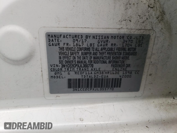 2018 Nissan Note SV with VIN 3N1CE2CPXJL355770, listed as a Copart auction lot 52781745 with 68,847 mi miles and Salvage Title. Bid and sale history available at DreamBid. Image 12.