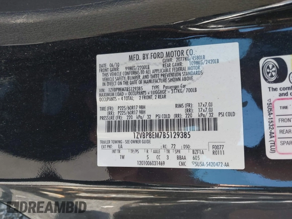 2011 Ford Mustang V6 with VIN 1ZVBP8EM7B5129385, listed as a IAAI auction lot 41208300 with 56,429 mi miles and . Bid and sale history available at DreamBid. Image 9.