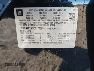 2013 Chevrolet Equinox LT with VIN 2GNALPEK8D6174689, listed as a IAAI auction lot 41692744 with 151,241 mi miles and . Bid and sale history available at DreamBid. Image 9.