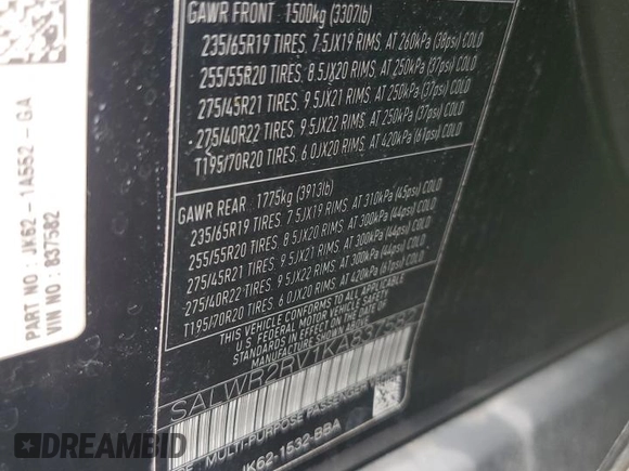 2019 Land Rover Range Rover Sport HSE with VIN SALWR2RV1KA837582, listed as a Copart auction lot 59088515 with 100,783 mi miles and Non repairable. Bid and sale history available at DreamBid. Image 13.