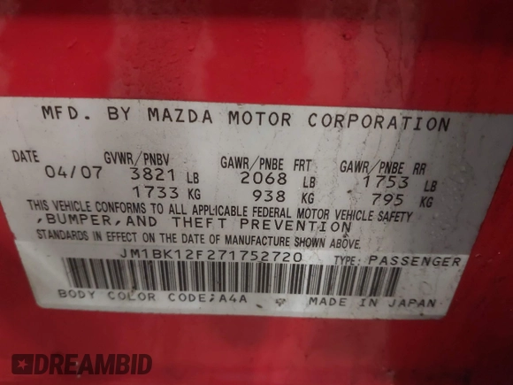 2007 Mazda 3 i Touring with VIN JM1BK12F271752720, listed as a IAAI auction lot 41862956 with 199,785 mi miles and . Bid and sale history available at DreamBid. Image 9.