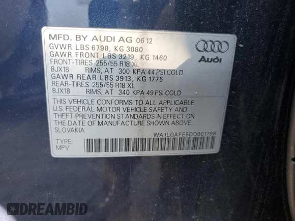 2013 Audi Q7 3.0T Premium Plus with VIN WA1LGAFE5DD001798, listed as a Copart auction lot 42653765 with 93,071 mi miles and Non Repairable. Bid and sale history available at carsss.com. Image 13.