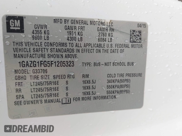 2015 Chevrolet Express Passenger LT with VIN 1GAZG1FG5F1205323, listed as a IAAI auction lot 41917128 with 194,773 mi miles and . Bid and sale history available at DreamBid. Image 9.