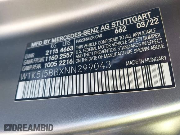 2022 Mercedes-Benz CLA 35 AMG with VIN W1K5J5BBXNN299043, listed as a IAAI auction lot 41679983 with 49,597 mi miles and . Bid and sale history available at DreamBid. Image 9.