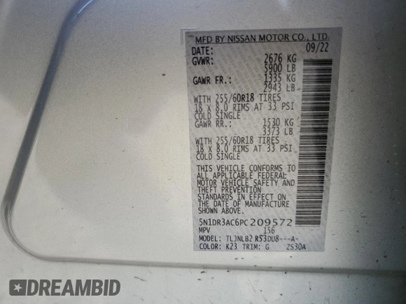 2023 Nissan Pathfinder S with VIN 5N1DR3AC6PC209572, listed as a Copart auction lot 44114765 with 48,319 mi miles and Clean title. Bid and sale history available at DreamBid. Image 14.