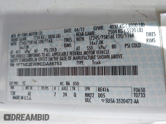 2012 Ford Econoline Cargo Recreational with VIN 1FTNE2EW8CDA86753, listed as a IAAI auction lot 42506770 with 303,617 mi miles and . Bid and sale history available at DreamBid. Image 9.