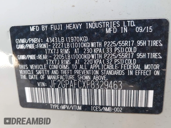 2015 Subaru Crosstrek Premium with VIN JF2GPAFCXF8329463, listed as a IAAI auction lot 42464521 with 247,771 mi miles and . Bid and sale history available at DreamBid. Image 9.