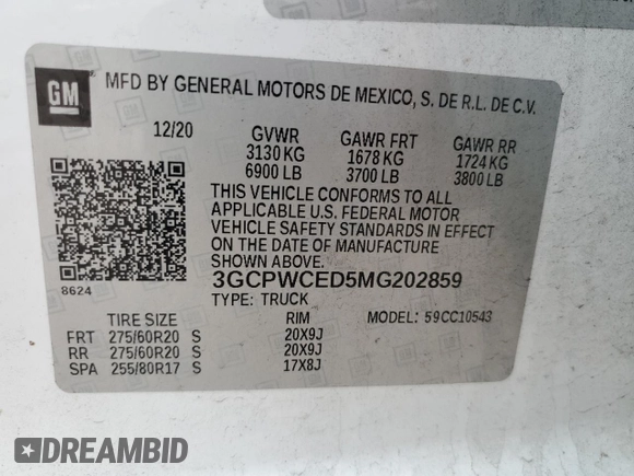 2021 Chevrolet Silverado 1500 LT with VIN 3GCPWCED5MG202859, listed as a Copart auction lot 50921295 with 122,907 mi miles and Salvage Title. Bid and sale history available at DreamBid. Image 14.