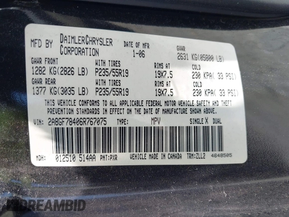 2006 Chrysler Pacifica with VIN 2A8GF78406R767075, listed as a IAAI auction lot 42222619 with 213,032 mi miles and . Bid and sale history available at DreamBid. Image 9.