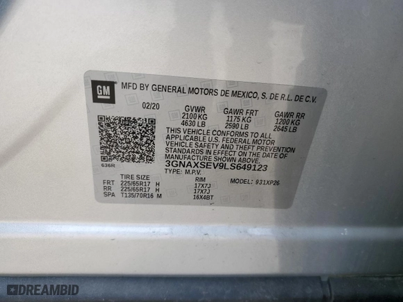 2020 Chevrolet Equinox LS with VIN 3GNAXSEV9LS649123, listed as a Copart auction lot 50323085 with 89,494 mi miles and Salvage Title. Bid and sale history available at carsss.com. Image 12.