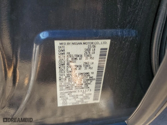 2006 Nissan Xterra SE with VIN 5N1AN08W46C531171, listed as a Copart auction lot 86072604 with 98,749 mi miles and Salvage Title. Bid and sale history available at carsss.com. Image 13.