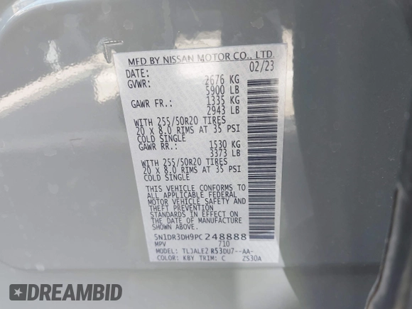 2023 Nissan Pathfinder Platinum with VIN 5N1DR3DH9PC248888, listed as a IAAI auction lot 41974684 with 52,609 mi miles and . Bid and sale history available at DreamBid. Image 9.