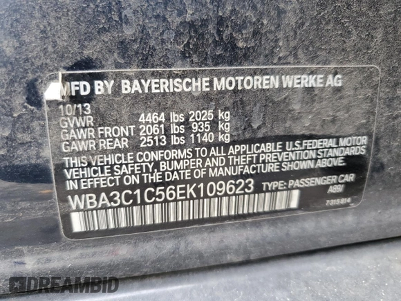 2014 BMW 3 Series 328i with VIN WBA3C1C56EK109623, listed as a Copart auction lot 49071395 with 153,026 mi miles and Salvage Title. Bid and sale history available at carsss.com. Image 14.
