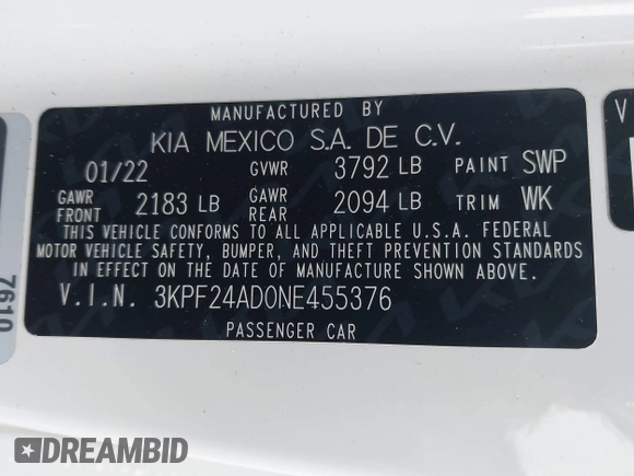 2022 Kia Forte LXS with VIN 3KPF24AD0NE455376, listed as a IAAI auction lot 41943951 with 52,535 mi miles and . Bid and sale history available at DreamBid. Image 9.