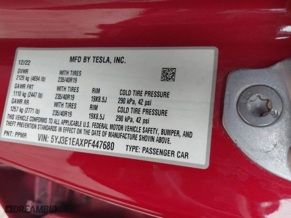 2023 Tesla Model 3 with VIN 5YJ3E1EAXPF447680, listed as a IAAI auction lot 41961496 with 37,589 mi miles. Bid and sale history available at carsss.com. Image 9.