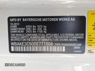 2013 BMW 3 Series 328i with VIN WBAKE3C50DE771504, listed as a IAAI auction lot 41909952 with 120,312 mi miles and . Bid and sale history available at DreamBid. Image 9.