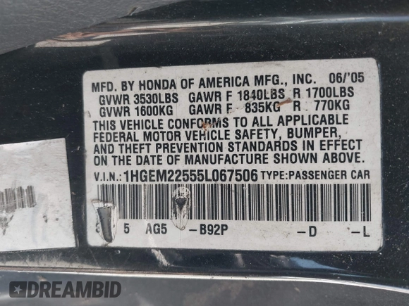 2005 Honda Civic Cpe LX with VIN 1HGEM22555L067506, listed as a IAAI auction lot 42149359 with 204,616 mi miles. Bid and sale history available at carsss.com. Image 9.