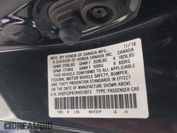 2019 Honda Civic Sedan LX with VIN 2HGFC2F61KH510012, listed as a IAAI auction lot 42073212 with 86,487 mi miles. Bid and sale history available at carsss.com. Image 9.