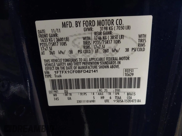 2011 Ford F-150 XL with VIN 1FTFX1CF0BFD42141, listed as a IAAI auction lot 41612837 with 195,235 mi miles. Bid and sale history available at carsss.com. Image 9.
