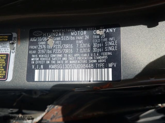 2007 Hyundai Santa Fe GLS with VIN KM8SG13D57U098448, listed as a Copart auction lot 33051641 with 0 mi miles and Non Repairable. Bid and sale history available at carsss.com. Image 10.