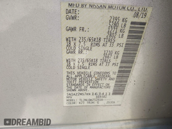 2019 Nissan Murano SL z VIN 5N1AZ2MS7KN163411, wystawiony jako IAAI lot #42268021 z przebiegiem 67 518 mil mil oraz . Historia ofert i sprzedaży dostępna na DreamBid. Obrazek 9.