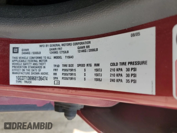 2006 Chevrolet Colorado 3LT z VIN 1GCDT136968136474, wystawiony jako Copart lot #59358535 z przebiegiem 192 946 mil mil oraz Szkoda całkowita • Salvage title. Historia ofert i sprzedaży dostępna na DreamBid. Obrazek 12.