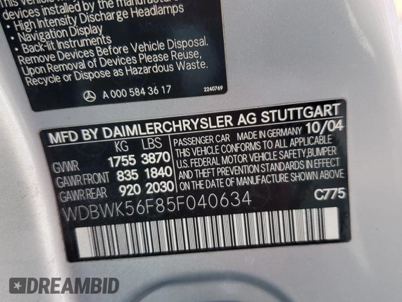 2005 Mercedes-Benz SLK 230/320 with VIN WDBWK56F85F040634, listed as a Copart auction lot 63417715 with 144,472 mi miles and Clean title. Bid and sale history available at DreamBid. Image 12.