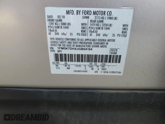 2018 Ford Explorer XLT z VIN 1FM5K7DHXJGB04184, wystawiony jako Copart lot #52551795 z przebiegiem 46 197 mil mil oraz Szkoda całkowita • Salvage title. Historia ofert i sprzedaży dostępna na DreamBid. Obrazek 13.