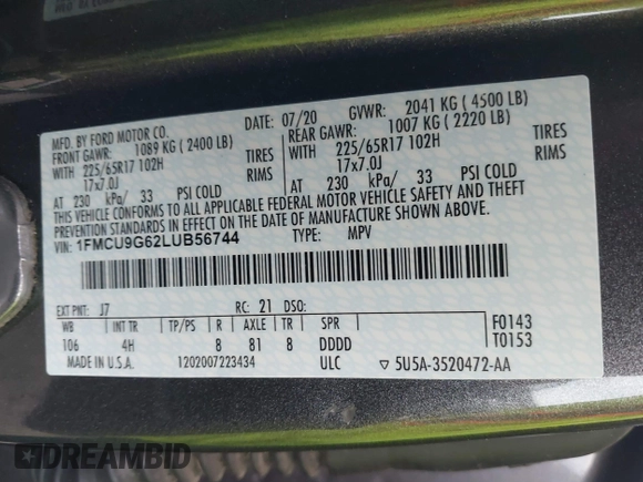 2020 Ford Escape SE с VIN 1FMCU9G62LUB56744, выставлен на аукционе IAAI как лот 41688910 с пробегом 34 999 миль миль и . История ставок и продаж доступна на DreamBid. Изображение 9.