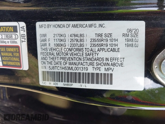 2021 Acura RDX Technology with VIN 5J8TC1H53ML001319, listed as a IAAI auction lot 41972431 with 89,698 mi miles and . Bid and sale history available at DreamBid. Image 9.