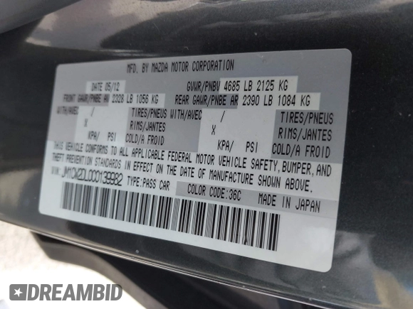 2012 Mazda 5 Grand Touring with VIN JM1CW2DL0C0139982, listed as a IAAI auction lot 42703430 with 129,763 mi miles and . Bid and sale history available at DreamBid. Image 9.