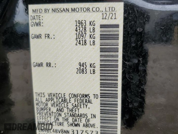 2022 Nissan Altima S z VIN 1N4BL4BV8NN317573, wystawiony jako Copart lot #59130245 z przebiegiem 30 860 mil mil oraz Szkoda całkowita • Salvage title. Historia ofert i sprzedaży dostępna na DreamBid. Obrazek 13.