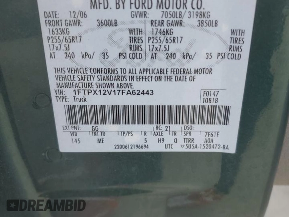 2007 Ford F-150 XL with VIN 1FTPX12V17FA62443, listed as a Copart auction lot 56409265 with 154,733 mi miles and Salvage title. Bid and sale history available at DreamBid. Image 12.