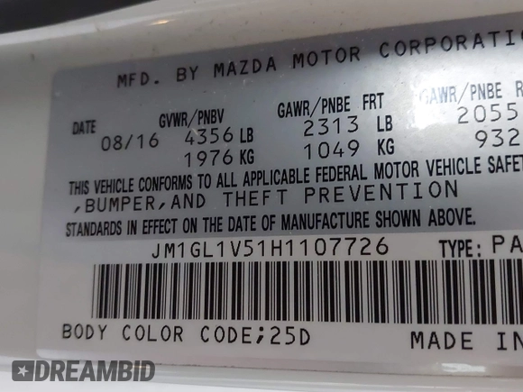 2017 Mazda Mazda6 Touring with VIN JM1GL1V51H1107726, listed as a IAAI auction lot 41875900 with 73,040 mi miles. Bid and sale history available at carsss.com. Image 9.