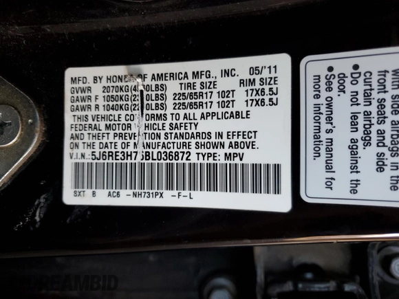 2011 Honda CR-V EX-L with VIN 5J6RE3H75BL036872, listed as a Copart auction lot 46544685 with 180,879 mi miles and Salvage Title. Bid and sale history available at carsss.com. Image 14.
