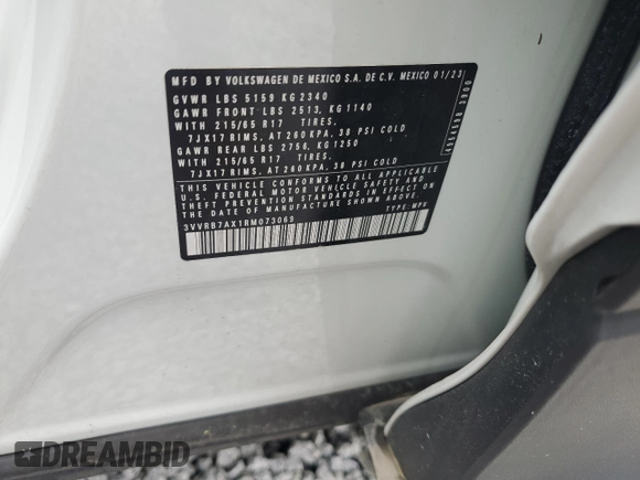 2024 Volkswagen Tiguan S с VIN 3VVRB7AX1RM073069, выставлен на аукционе Copart как лот 60678645 с пробегом 6 583 миль миль и Чистый • Clean title. История ставок и продаж доступна на DreamBid. Изображение 13.