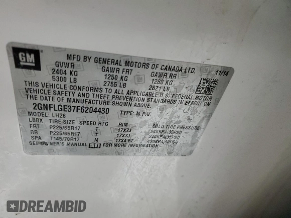 2015 Chevrolet Equinox LT with VIN 2GNFLGE37F6204430, listed as a Copart auction lot 44393275 with 113,506 mi miles and Salvage Title. Bid and sale history available at carsss.com. Image 13.