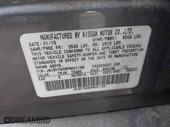 2015 Infiniti Q50 with VIN JN1BV7AR8FM401199, listed as a IAAI auction lot 41997546 with 86,017 mi miles. Bid and sale history available at carsss.com. Image 9.