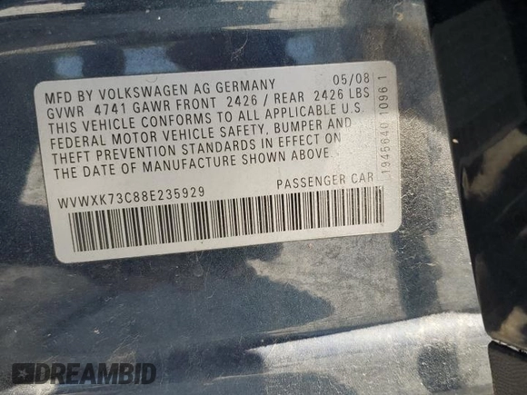 2008 Volkswagen Passat z VIN WVWXK73C88E235929, wystawiony jako Copart lot #53379365 z przebiegiem 133 978 mil mil oraz Szkoda całkowita • Salvage title. Historia ofert i sprzedaży dostępna na DreamBid. Obrazek 12.
