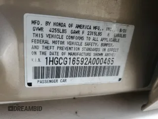 2002 Honda Accord EX z VIN 1HGCG16592A000465, wystawiony jako Copart lot #49172795 z przebiegiem 142 770 mil mil oraz Szkoda całkowita • Salvage title. Historia ofert i sprzedaży dostępna na DreamBid. Obrazek 12.