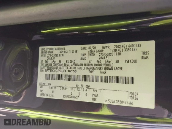 2020 Ford F-150 XL z VIN 1FTEX1CP0LFC16156, wystawiony jako IAAI lot #42567529 z przebiegiem 169 772 mil mil oraz . Historia ofert i sprzedaży dostępna na DreamBid. Obrazek 9.