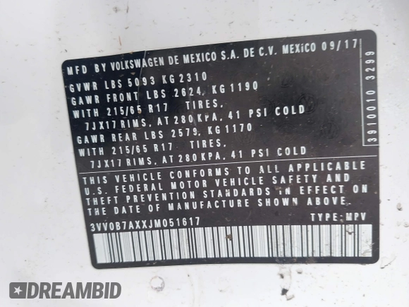 2018 Volkswagen Tiguan S с VIN 3VV0B7AXXJM051617, выставлен на аукционе IAAI как лот 41976860 с пробегом 66 186 миль миль и . История ставок и продаж доступна на DreamBid. Изображение 9.