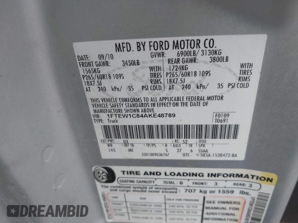 2010 Ford F-150 XL with VIN 1FTEW1C84AKE48789, listed as a IAAI auction lot 41430226 with 159,183 mi miles. Bid and sale history available at carsss.com. Image 9.