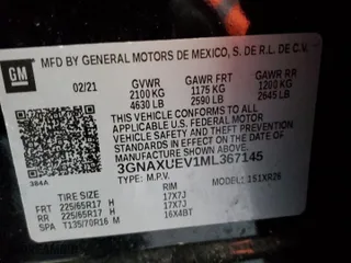 2021 Chevrolet Equinox LT with VIN 3GNAXUEV1ML367145, listed as a Copart auction lot 87408524 with 36,288 mi miles and Salvage Title. Bid and sale history available at carsss.com. Image 14.